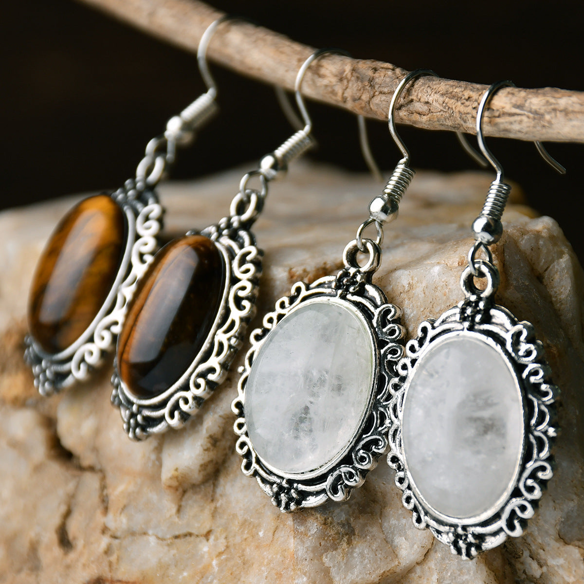 Wholesale retro hollow crystal natural stone pendant earrings